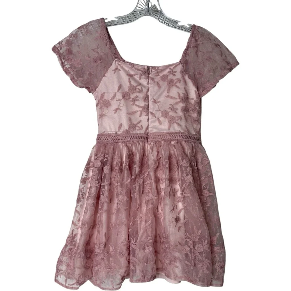 Haute Hippie Kids Pink Short Puff‎ Sleeve Lined Lace Dress Girls 12